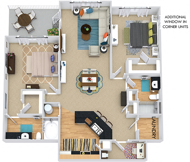 Floor plan for 2 beds, 2 baths, 1244 sqft